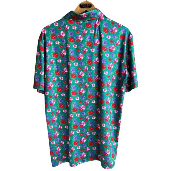 Bite Hard Performance Golf Polo Shirt Mens Medium Green Floral Stretch - Picture 6 of 7